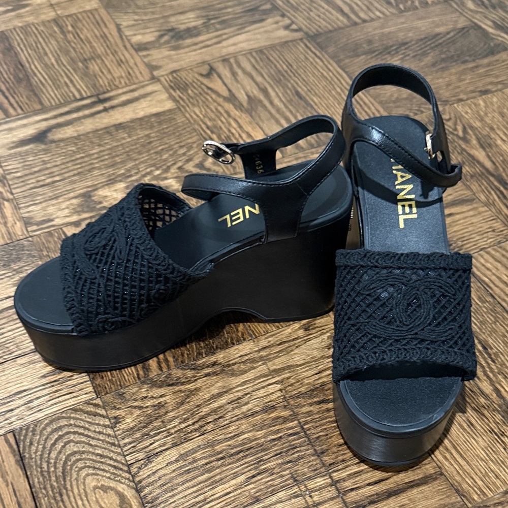 CHANEL Black Crochet Platform Sandals